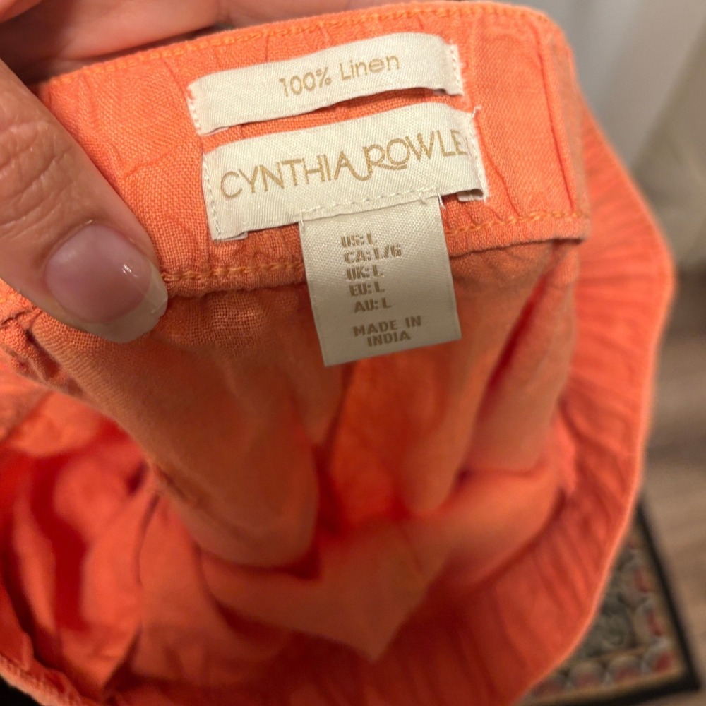 Cynthia Rowley Coral Orange 100% Linen Wide Leg Crop Pants Elastic Waist Sz L - Picture 4 of 4